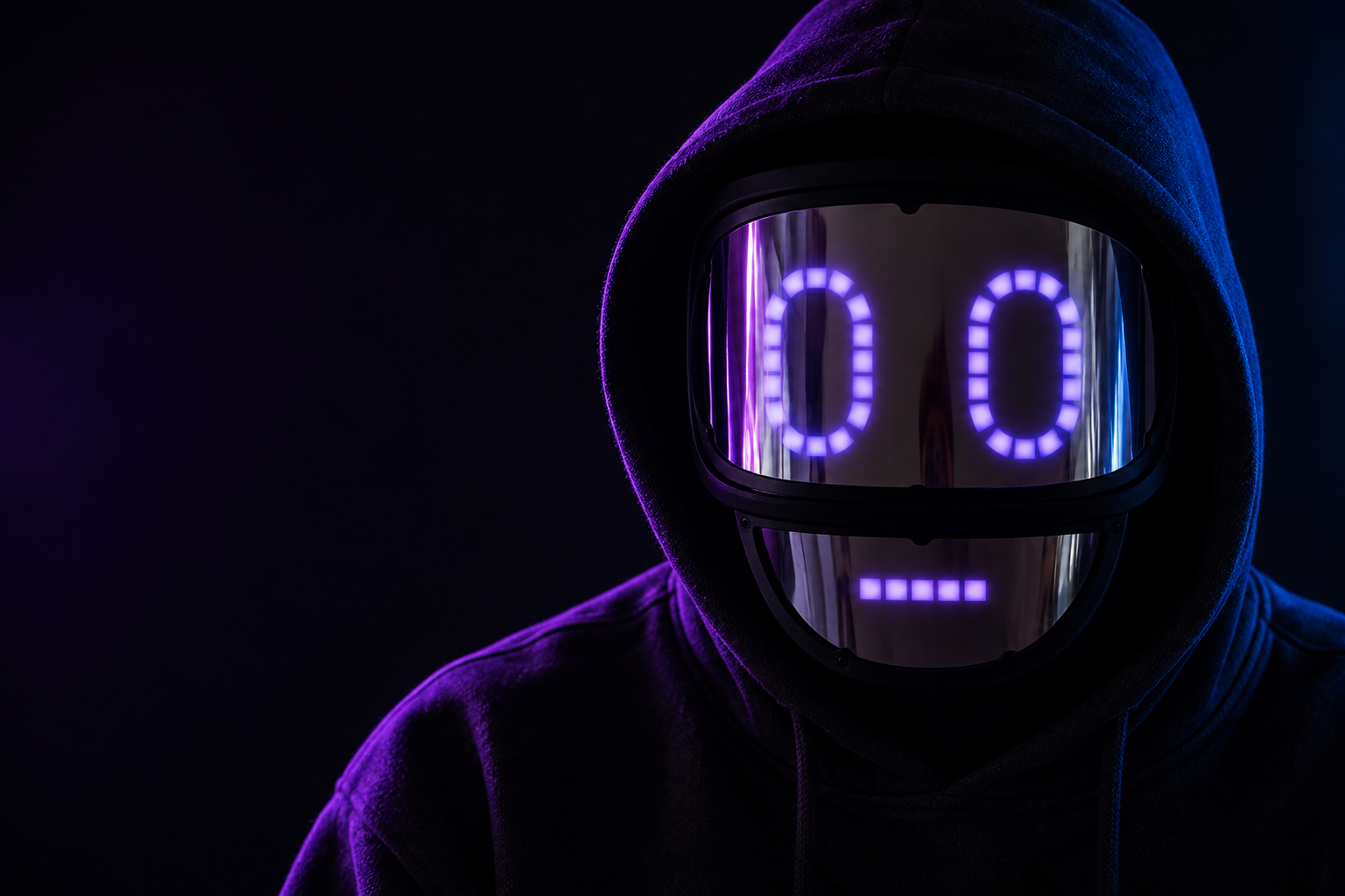 Concept artwork of a hooded figure wearing a Qudi 2-style reflective two-panel mask with pixel expressions, lit by violet and blue light