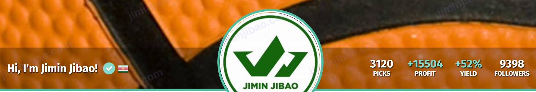 Jimin Jibao Blogabet profile header from October 2020: 3120 picks, +15504 profit, +52% yield, green verified tick