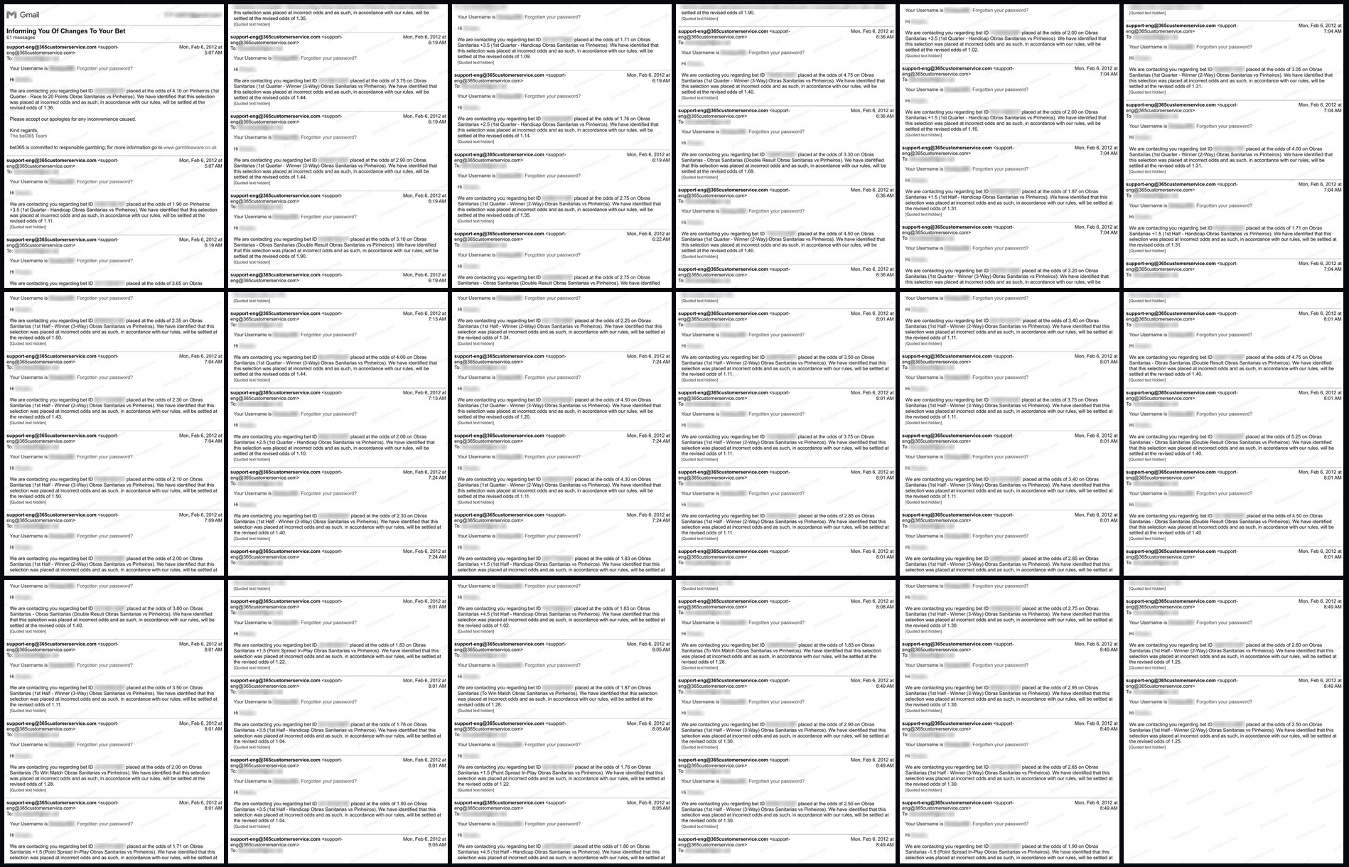 The first 18 pages of the bet365 emails from 6 February 2012, side by side, every one announcing revised odds on Obras Sanitarias vs Pinheiros