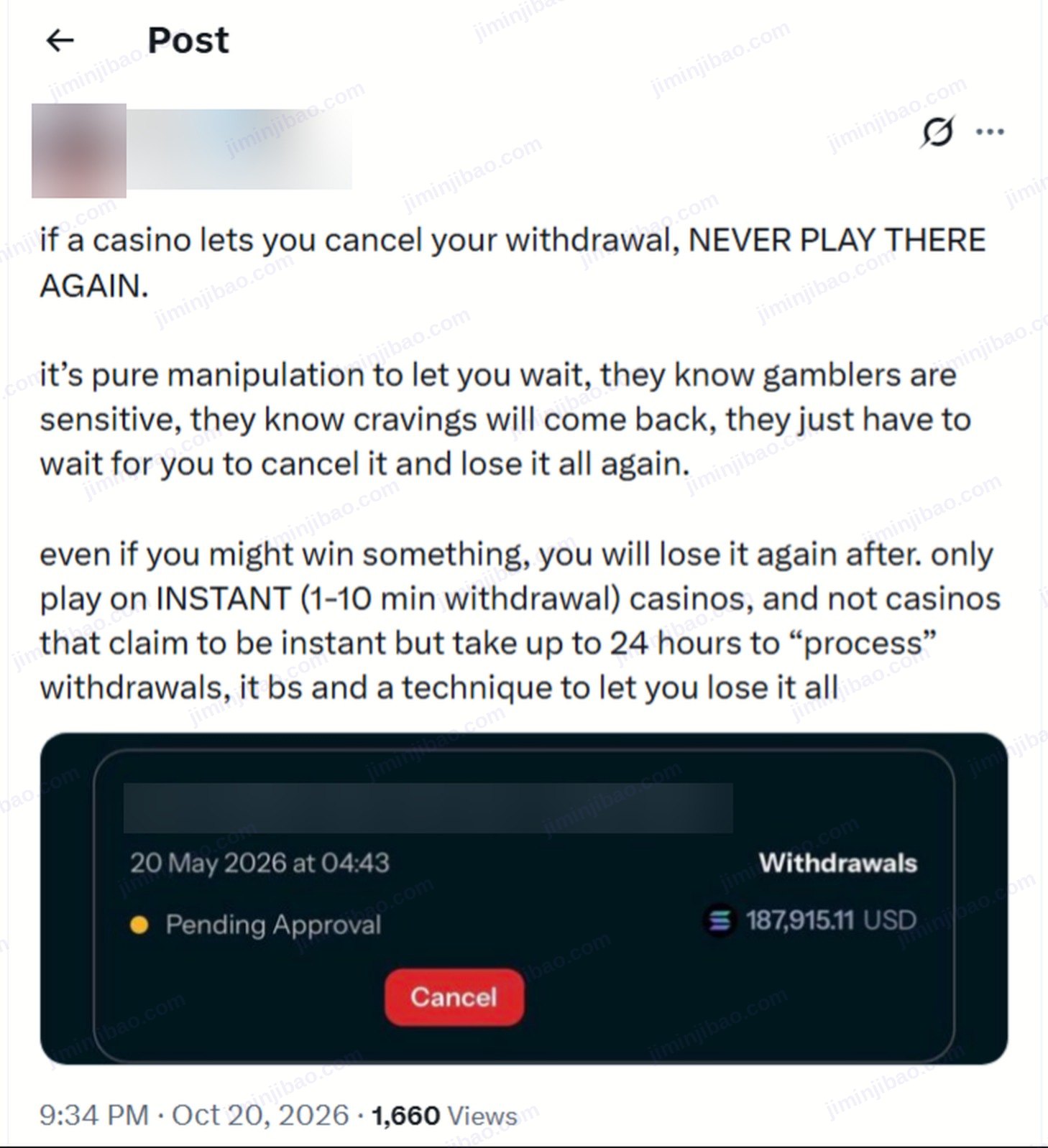 An X post warning against casinos that let you cancel a withdrawal, with a screenshot of a $187,915.11 withdrawal from 20 May 2026 marked Pending Approval and a red Cancel button