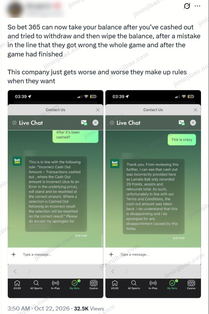 An X post saying bet365 took back a cash out after a withdrawal request, with two bet365 live chat screenshots quoting the Incorrect Cash Out Amount rule and saying LaMelo Ball only recorded 29 points, assists and rebounds