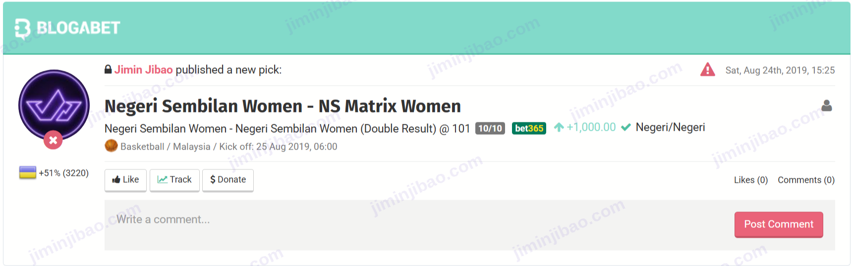 Blogabet pick posted 24 August 2019: Negeri Sembilan Women, double result, odds 101, 10/10 stake, bet365, won +1,000